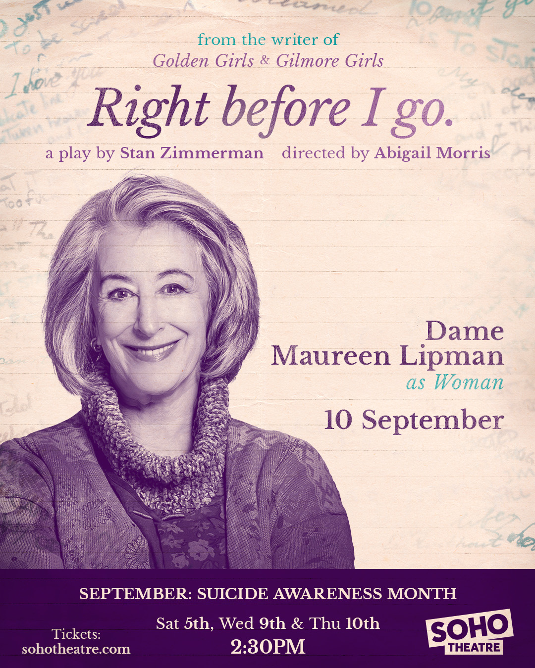 Edinburgh Festival Fringe hit Right before I go announces London transfer of suicide prevention play, by Golden Girls and Gilmore Girls writer Stan Zimmerman with all-star cast